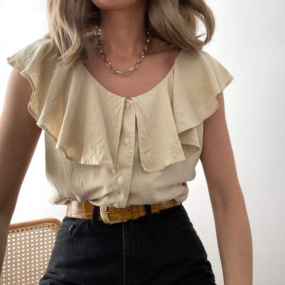 Vintage Silk Ruffled Blouse Button Up
